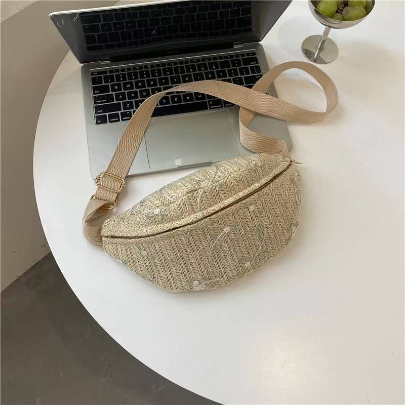 JOSSLYN by wall to wall - RAFFIA STRAW WAIST FANNY PACK CROSSBODY BELT BAG | 40P559