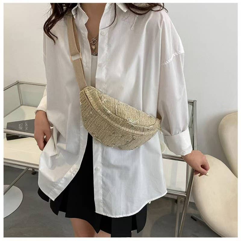 JOSSLYN by wall to wall - RAFFIA STRAW WAIST FANNY PACK CROSSBODY BELT BAG | 40P559