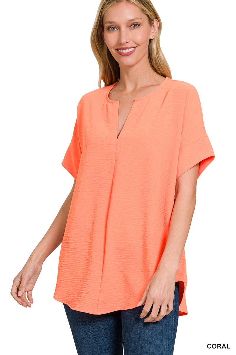 42POPS - 0813 Woven Airflow Split Neck Short Sleeve Top SI-23872 Zenana