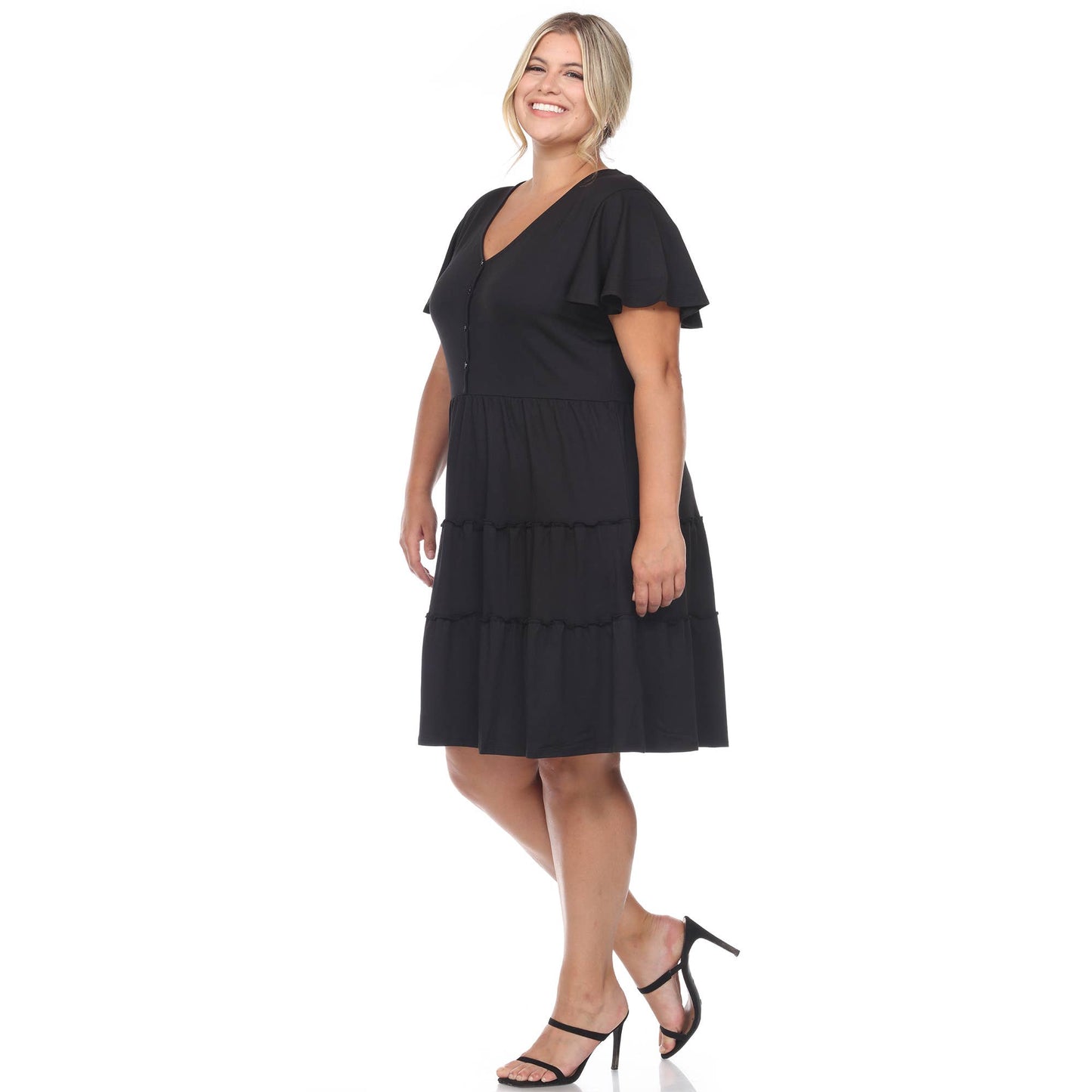 WHITE MARK - Plus Size Short Sleeve V-neck Tiered Midi Dress