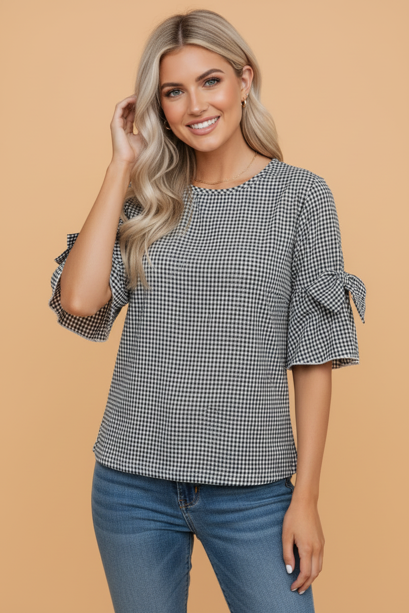 PRETTY BASH - PRETTY BASH Gingham Plaid Bow Ruffle Blouse