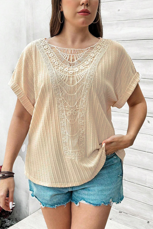 Plus Size Beige Lace Crochet Patched Cable Textured Cuffed Short Sleeve Top