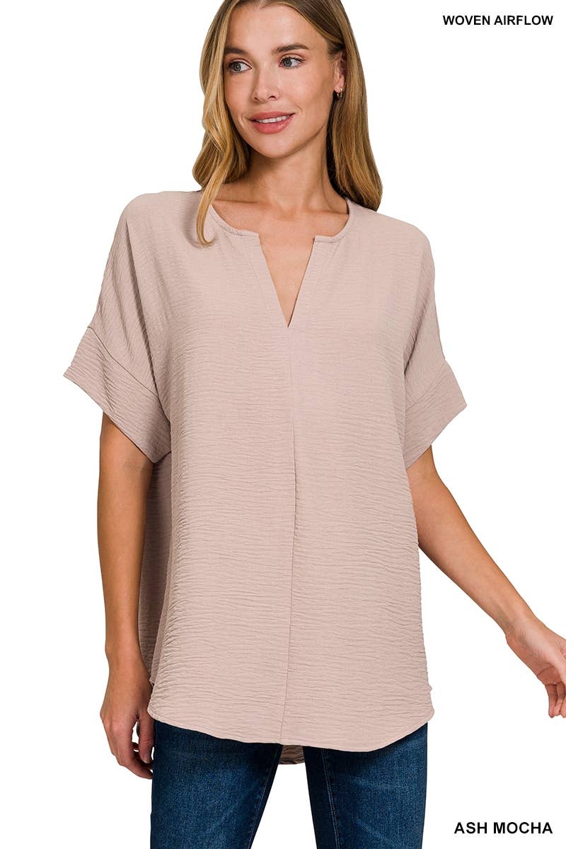 42POPS - 0813 Woven Airflow Split Neck Short Sleeve Top SI-23872 Zenana