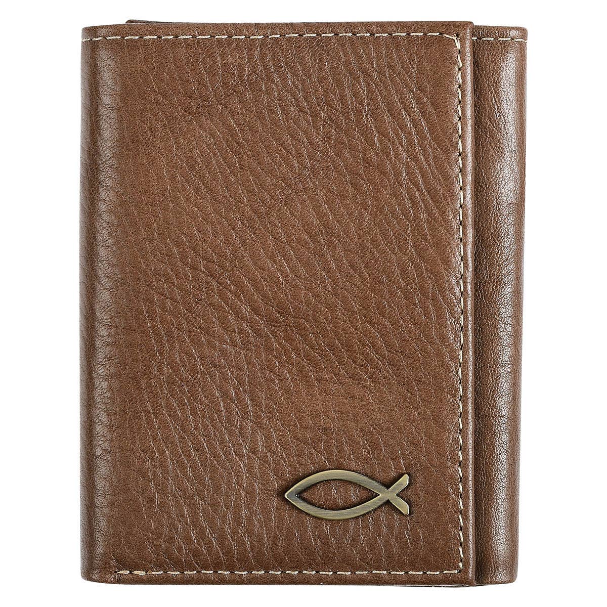 CHRISTIAN ART GIFTs For MEN - Wallet Leather Brown Ichthus Badge