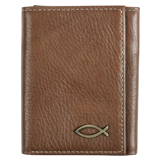 CHRISTIAN ART GIFTs For MEN - Wallet Leather Brown Ichthus Badge