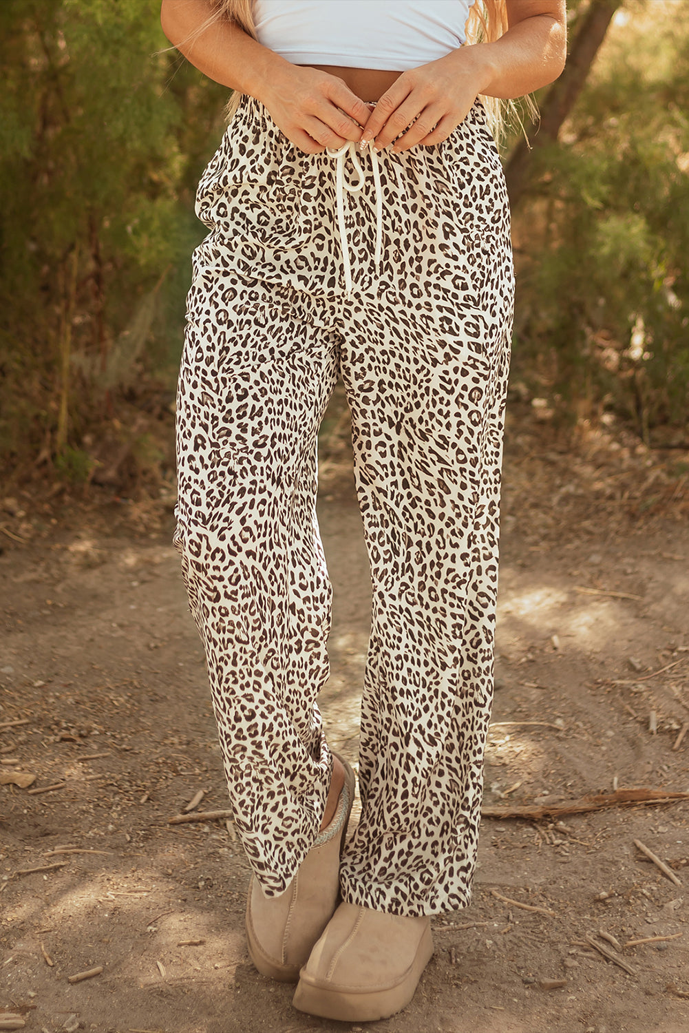 Brown Leopard Elastic Waistband w/Drawstring Pants