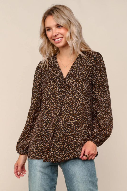 Tucked V-Neck Leopard Print Woven Blouse