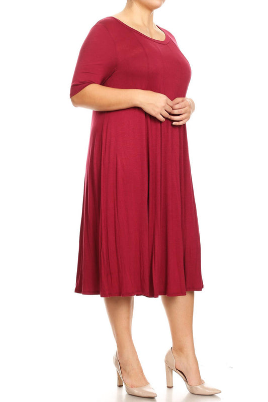 Women's A-Line Round Neck Casual Solid Midi Dress