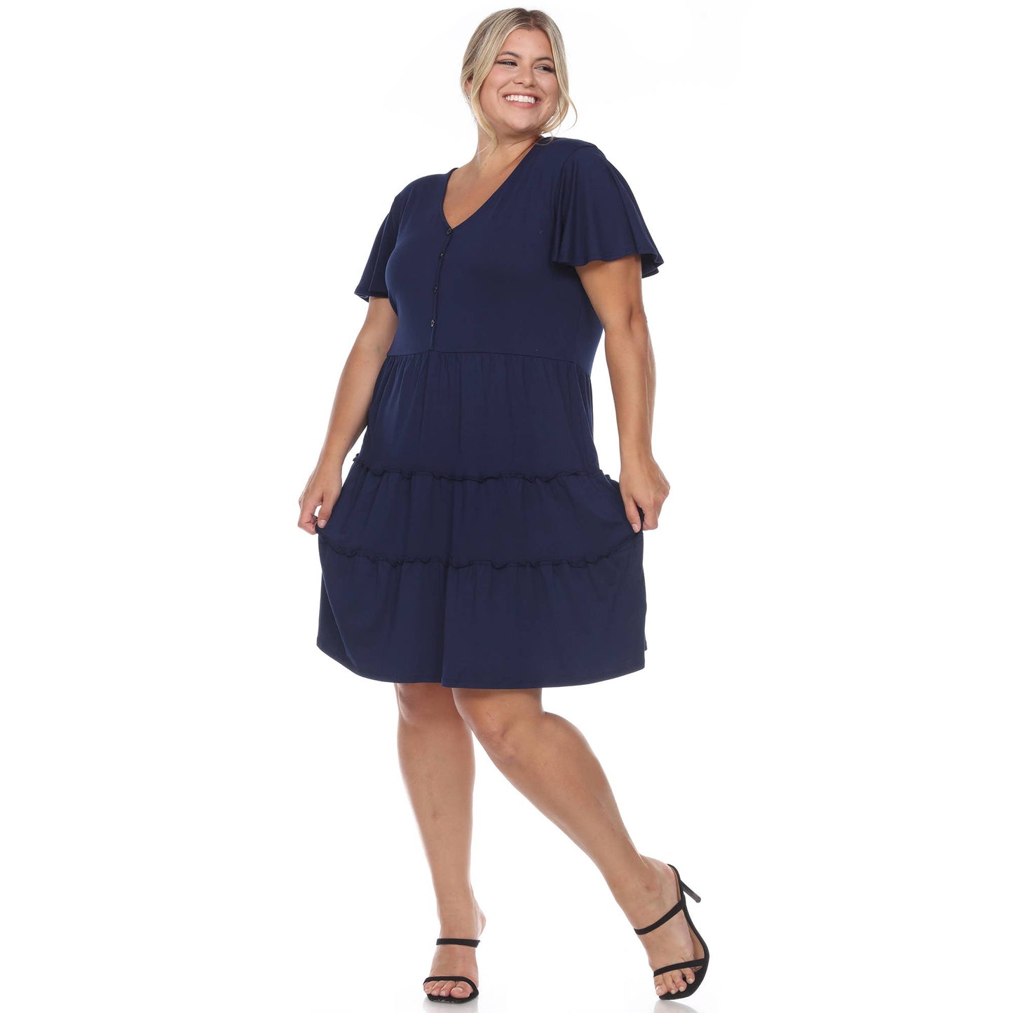 WHITE MARK - Plus Size Short Sleeve V-neck Tiered Midi Dress