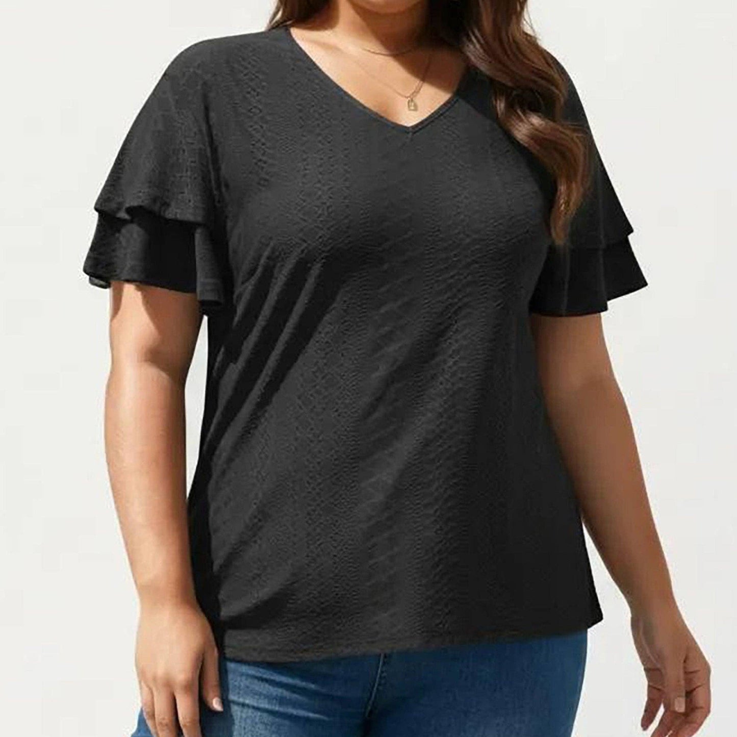 Anna Kaci Wholesale - Plus Size Short Sleeve V Neck Top with Textured Knit Fabric Tiered Ruffle Sleeves Shirt