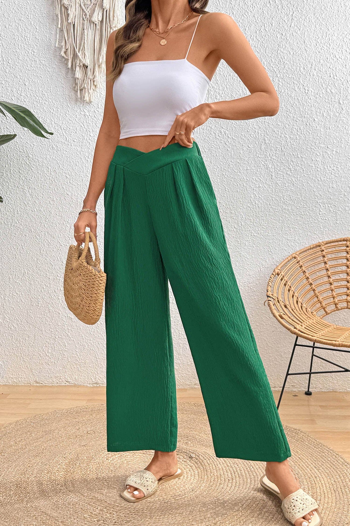 Lovesoft - Solid Color Textured Crossed Waist Loose Pants