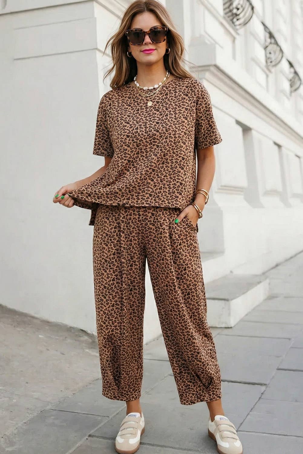 Aapparella - Leopard Top Drawstring Waist Barrel Pants Set | S-XL