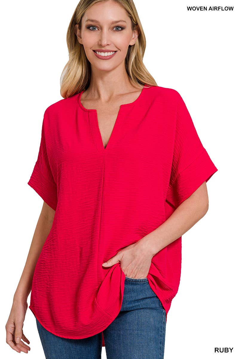 42POPS - 0813 Woven Airflow Split Neck Short Sleeve Top SI-23872 Zenana