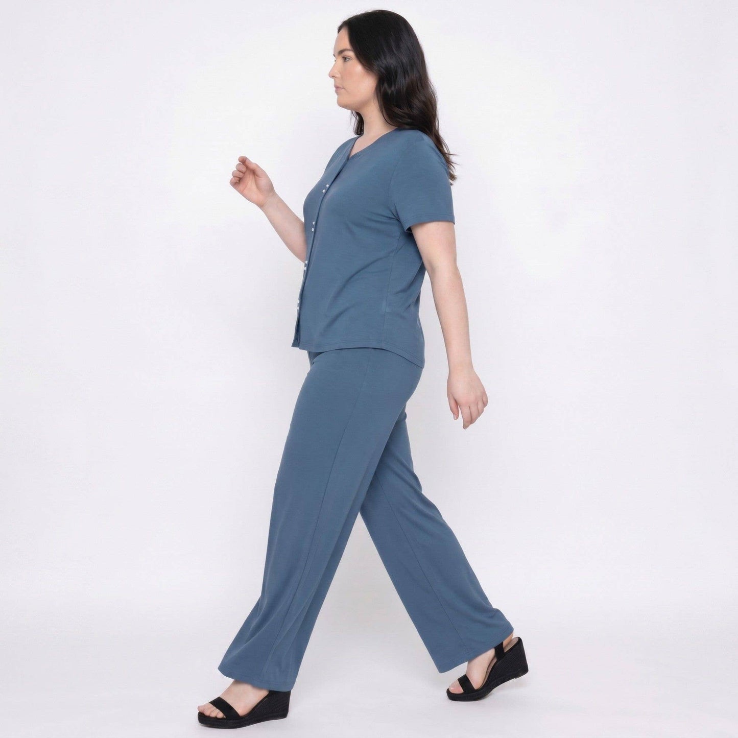 Anna Kaci Wholesale - Plus Size 2-Piece Short Sleeve Button Front Pajama Top and Wide Leg Pants Sleepwear Lounge Set