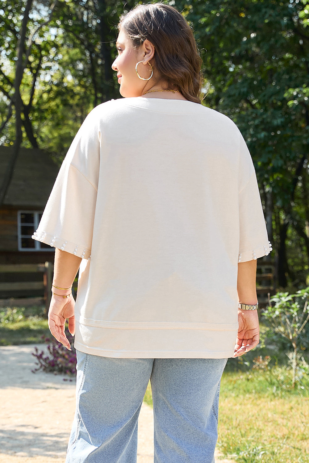 Plus Size Beige Pearl Decor Crew Neck Half Sleeve T Shirt