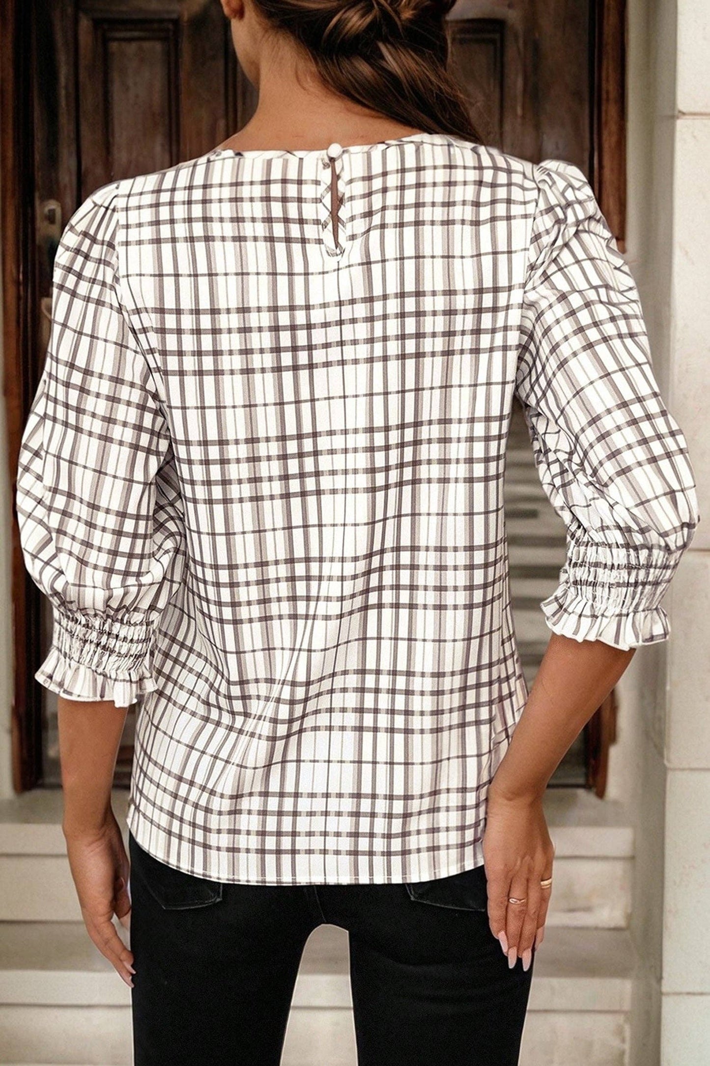 Lovesoft - White Plaid Print Frilled Puffy Half Sleeve Blouse
