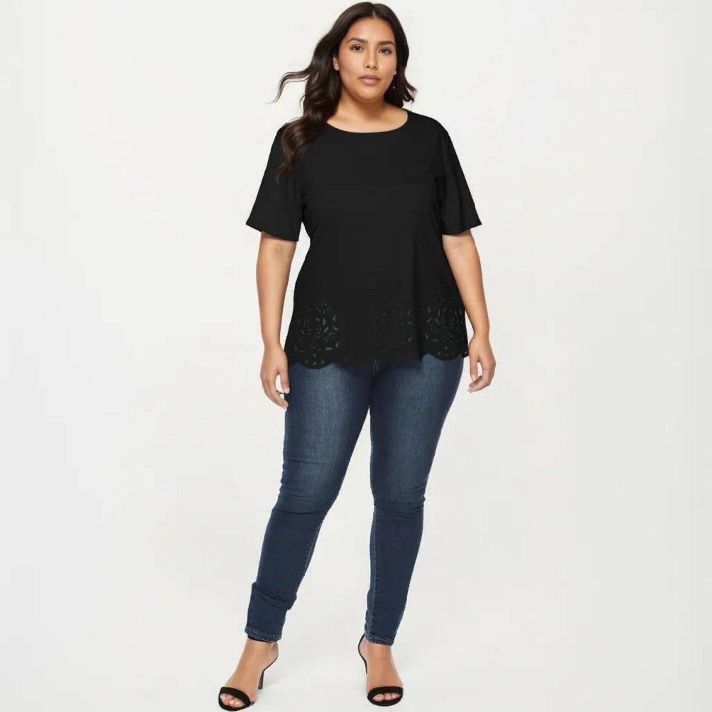 Anna Kaci Wholesale - Plus Size Short Sleeve Top with Scalloped Eyelet Hem Round Neck Loose Fit Casual Blouse