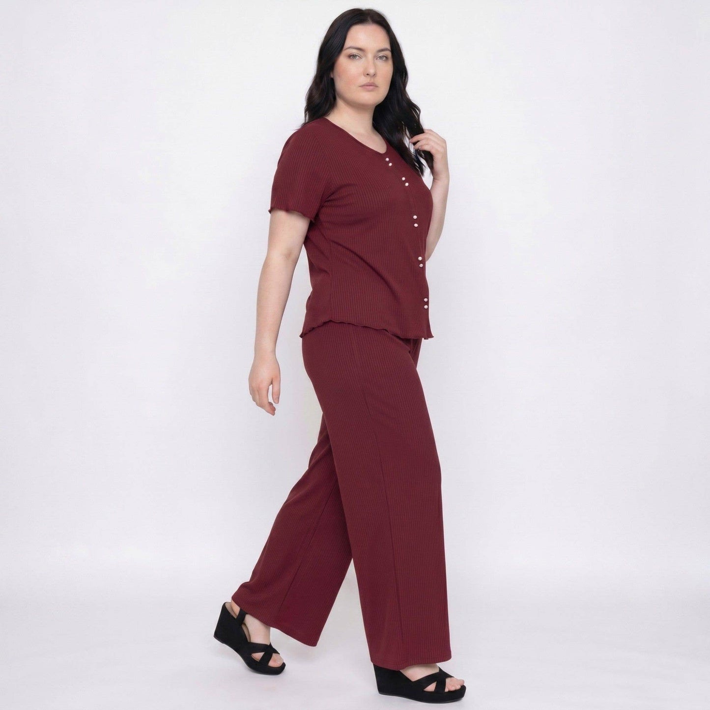 Anna Kaci Wholesale - Plus Size 2-Piece Short Sleeve Button Front Pajama Top and Wide Leg Pants Sleepwear Lounge Set
