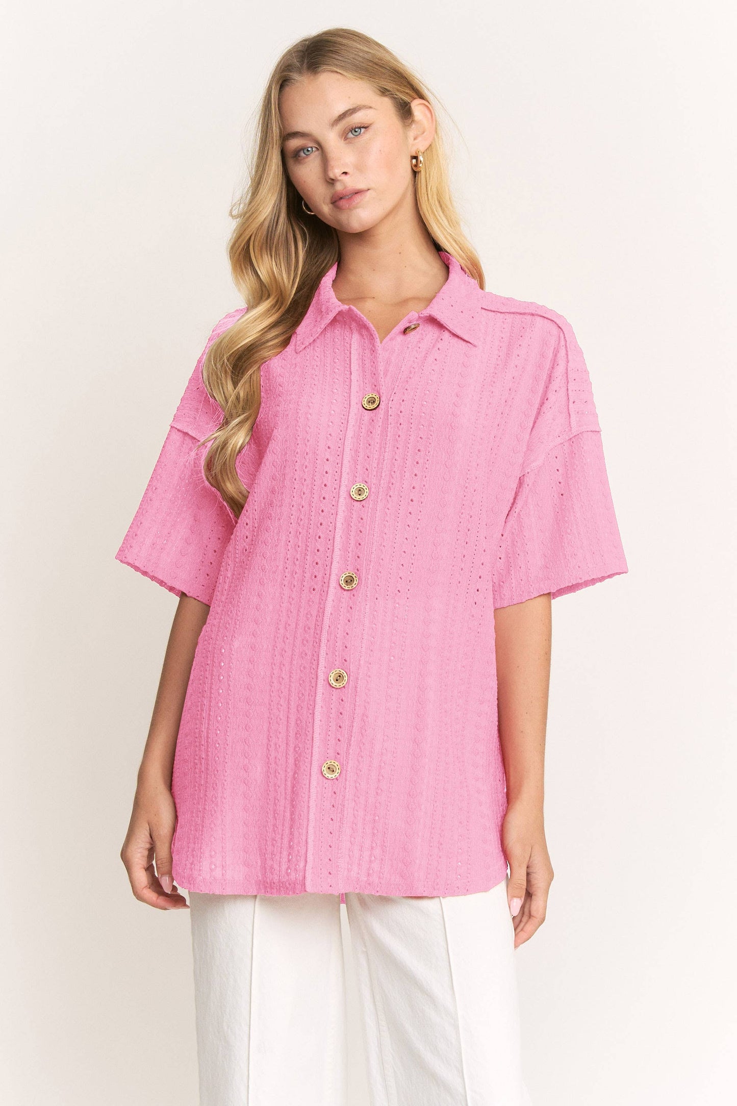 HEIMISH - ET8040-10  BUTTON DOWN COLLARED EYELET WOVEN TOP