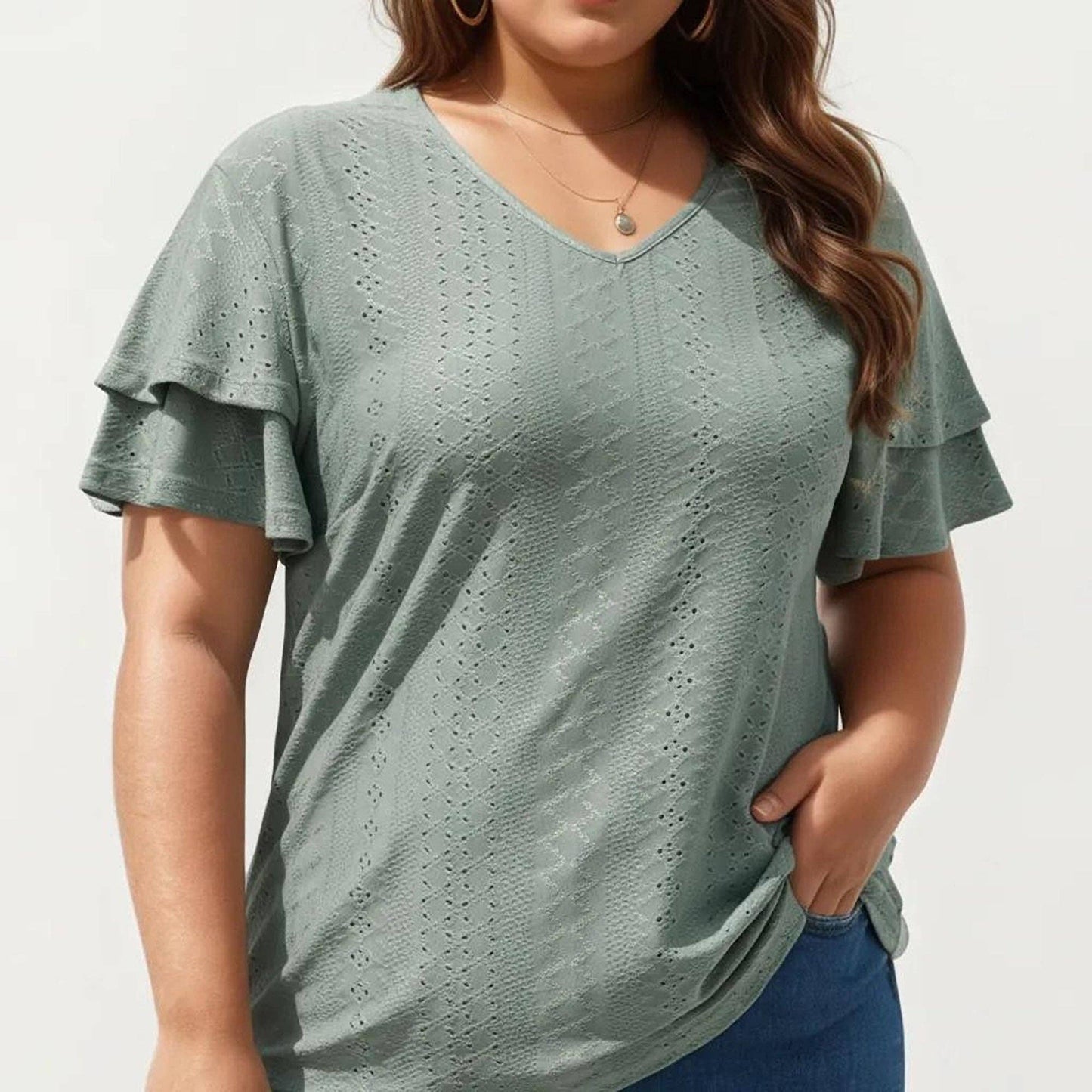 Anna Kaci Wholesale - Plus Size Short Sleeve V Neck Top with Textured Knit Fabric Tiered Ruffle Sleeves Shirt
