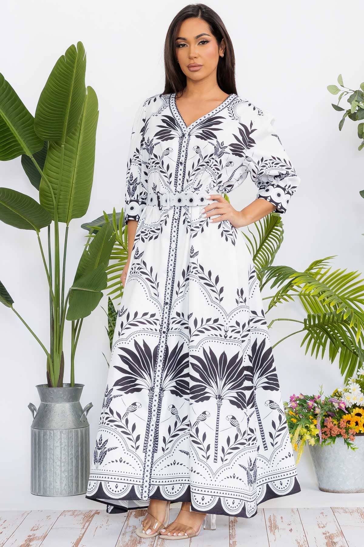 Women's Flower Print Button Down Maxi Dress