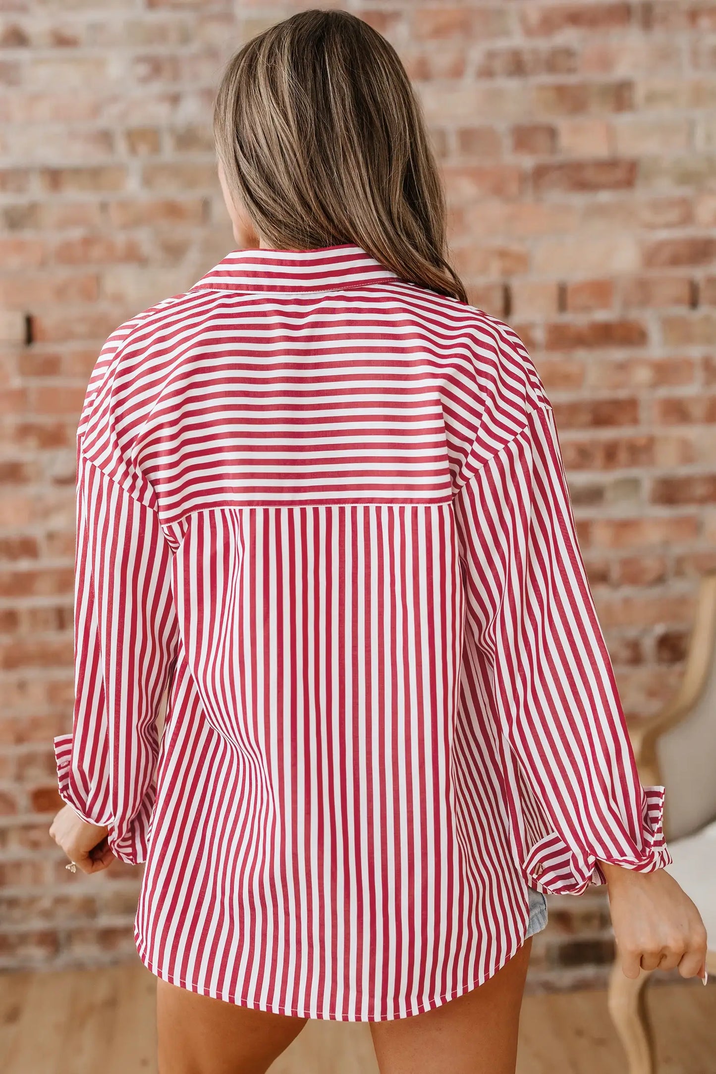 Lovesoft - Red Stripe Patched Pocket Side Slit Loose Shirt