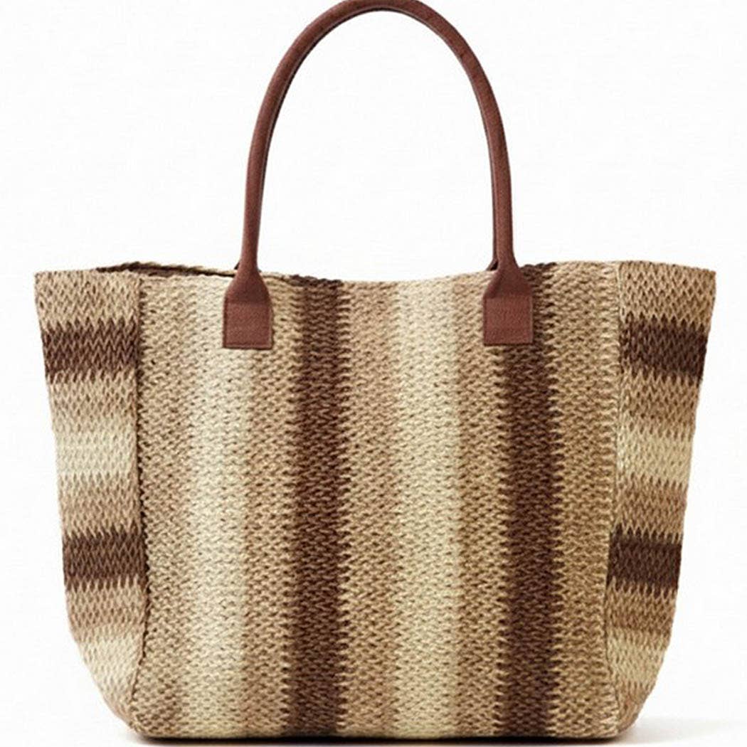 3AM BY H&D ACCESSORIES - Natural Brown Multi Color Stripe Straw Tote Bag