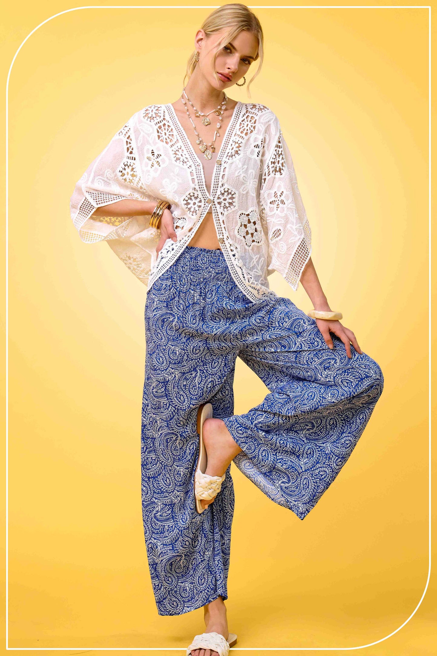 JCP4225-Boho Paisley Print Wide Leg Flowy Pants with Pockets