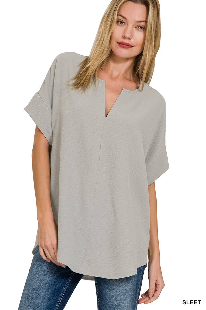 42POPS - 0813 Woven Airflow Split Neck Short Sleeve Top SI-23872 Zenana