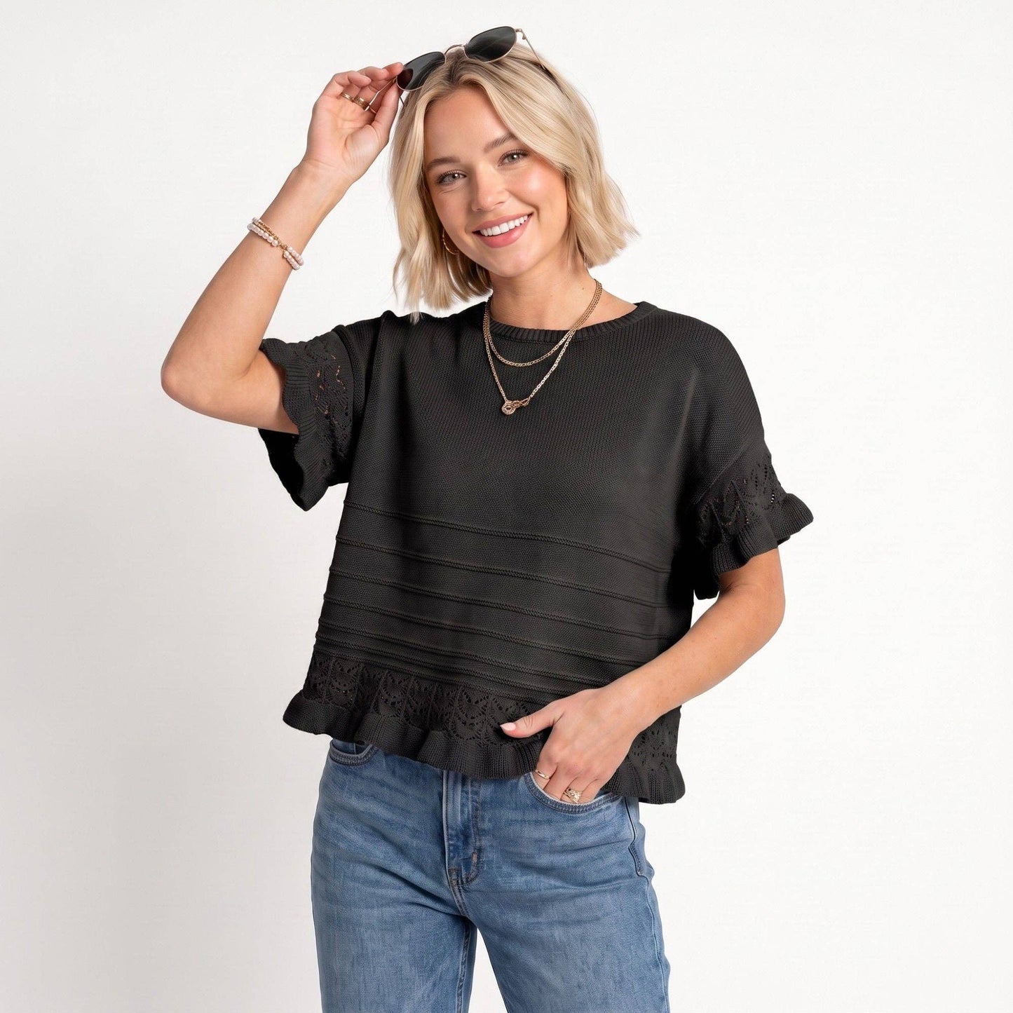 Anna Kaci Wholesale - Short Sleeve Sweater Top Lace Ruffle Hem Textured Knit Blouse
