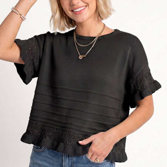 Anna Kaci Wholesale - Short Sleeve Sweater Top Lace Ruffle Hem Textured Knit Blouse