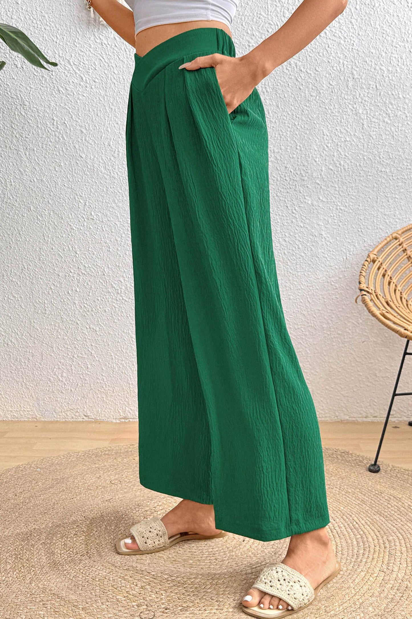 Lovesoft - Solid Color Textured Crossed Waist Loose Pants