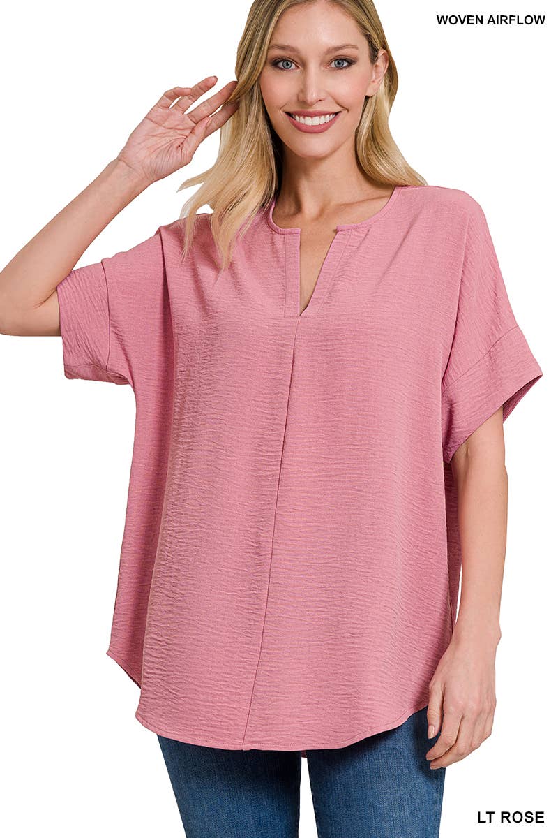 42POPS - 0813 Woven Airflow Split Neck Short Sleeve Top SI-23872 Zenana
