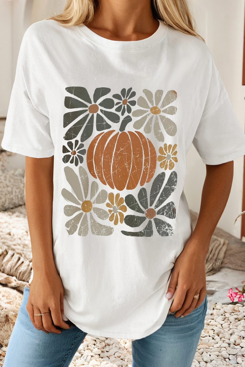 Little Daisy Closet - LDC Thanksgiving Pumpkin Print Loose Crewneck Tunic T Shirt