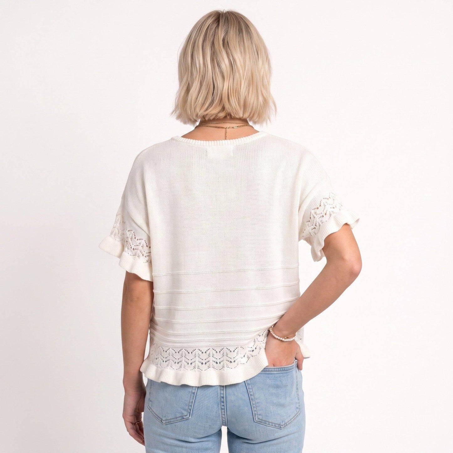 Anna Kaci Wholesale - Short Sleeve Sweater Top Lace Ruffle Hem Textured Knit Blouse