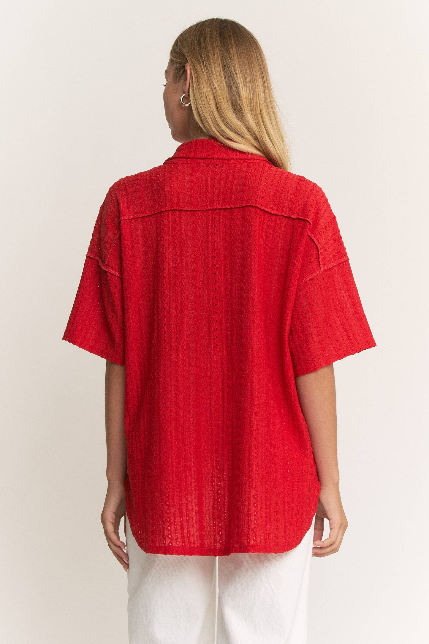 HEIMISH - ET8040-10  BUTTON DOWN COLLARED EYELET WOVEN TOP