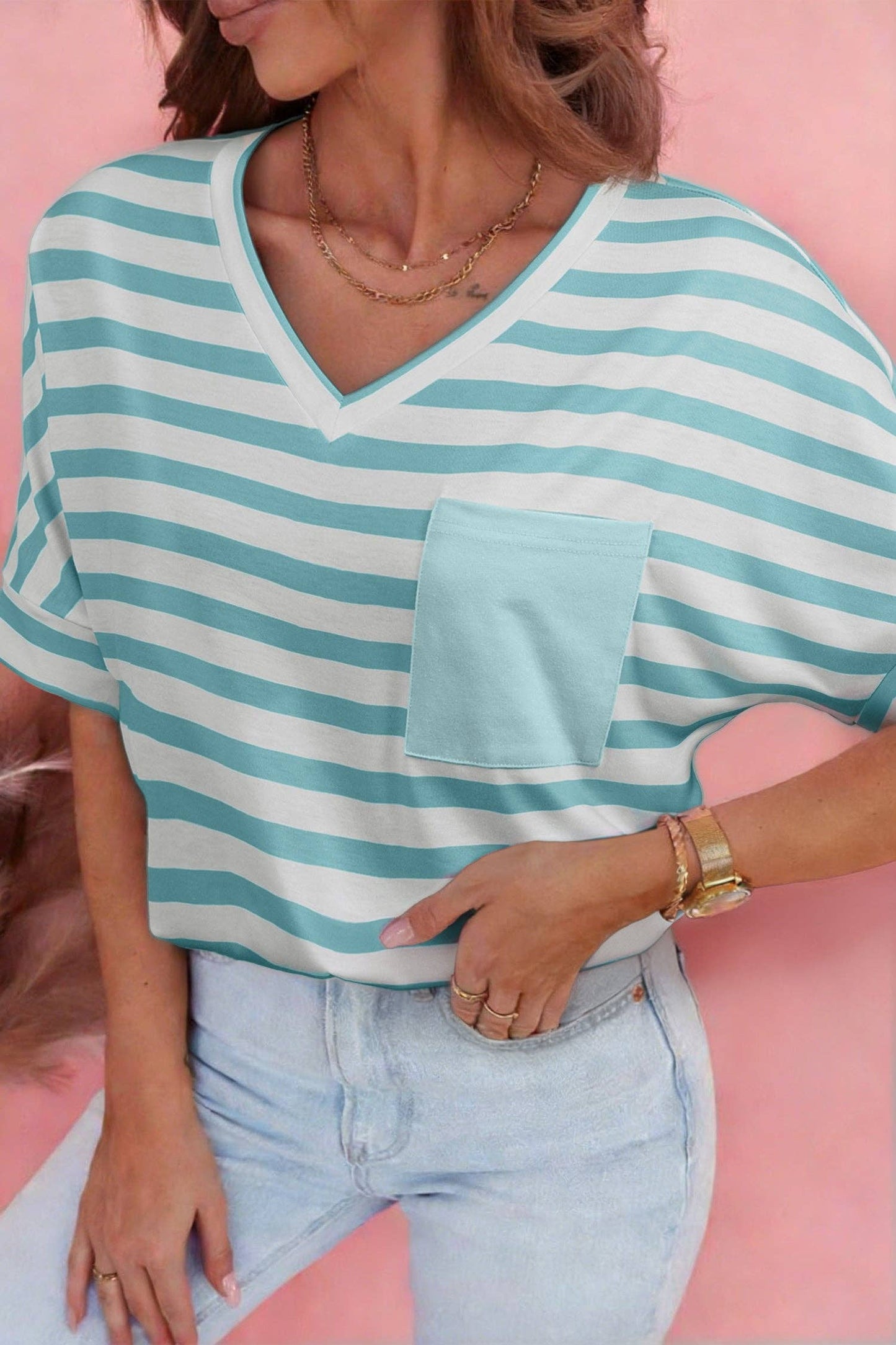 PRETTY BASH - Stripe V-Neck Patch Pocket T-Shirt