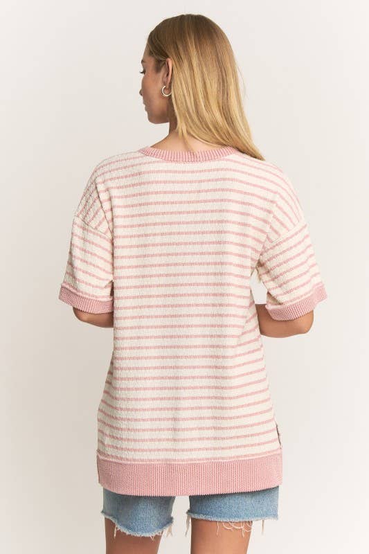 HEIMISH - ET8055-10  CREW NECK JACQUARD STRIPE KNIT TOP