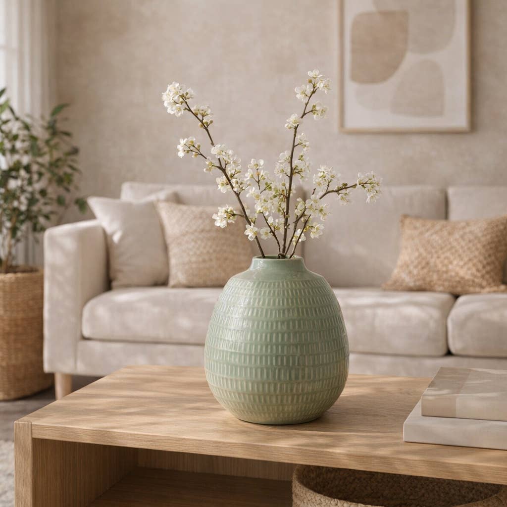 Sagebrook Home - Decorative Vase - Dark Sage Green Ceramic Oval Stripe, 7 in.