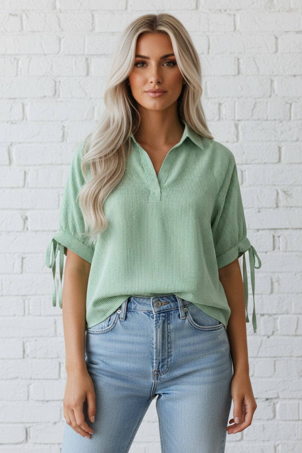 PRETTY BASH - PRETTY BASH Stripe Tied Short Sleeve Collared Blouse