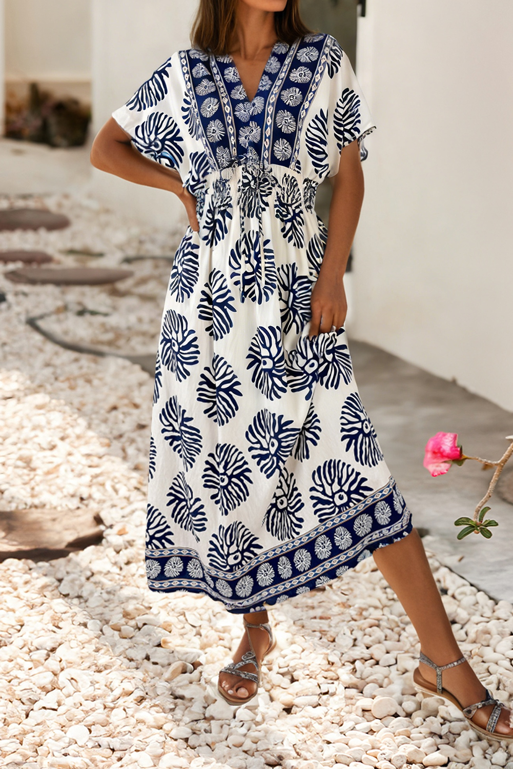 Little Daisy Closet - LDC Floral Print Contrast Patchwork V Neck Dolman Maxi Dress