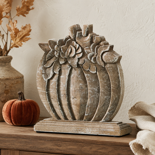VHC Brands - Mango Wood Floral Pumpkin Fall Decor, 8.5" Cottage