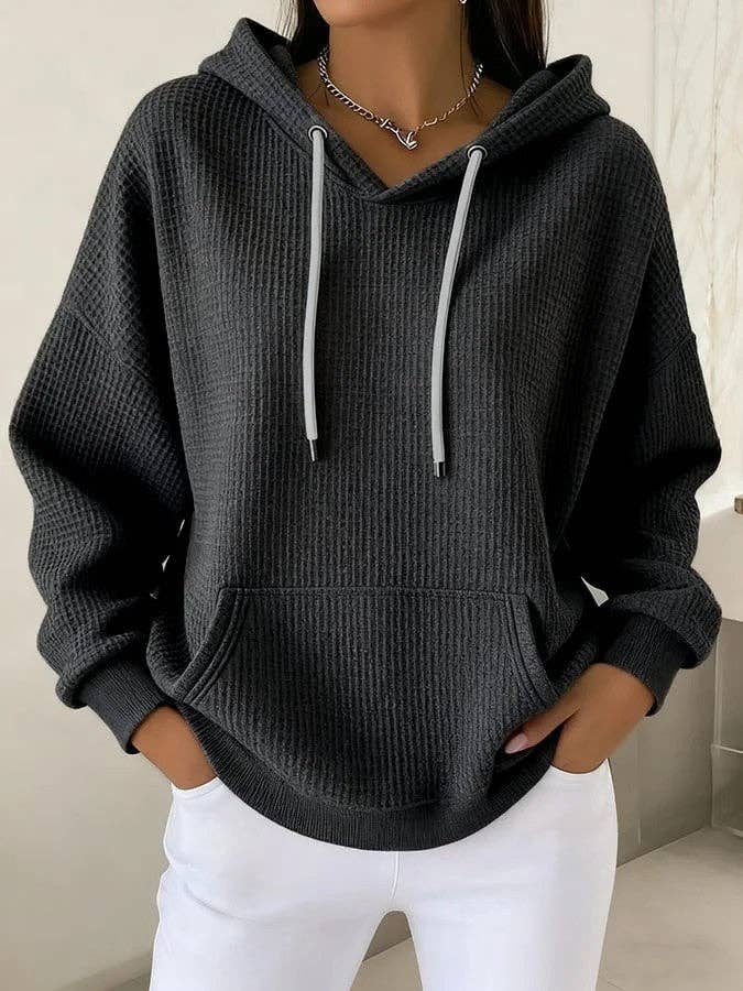 Suhkasana - Waffle Knit Hoodie Drawstring Oversized Sweatshirt