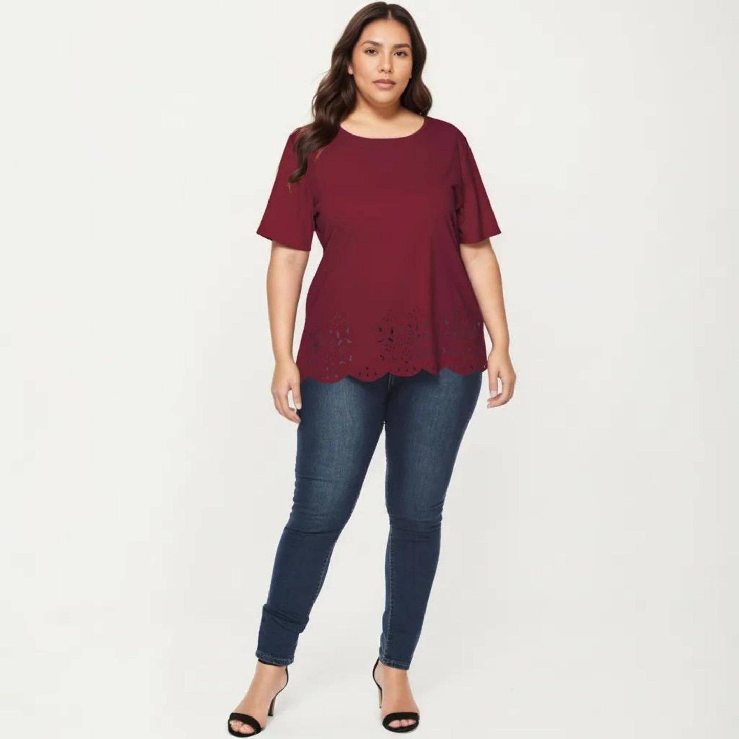 Anna Kaci Wholesale - Plus Size Short Sleeve Top with Scalloped Eyelet Hem Round Neck Loose Fit Casual Blouse