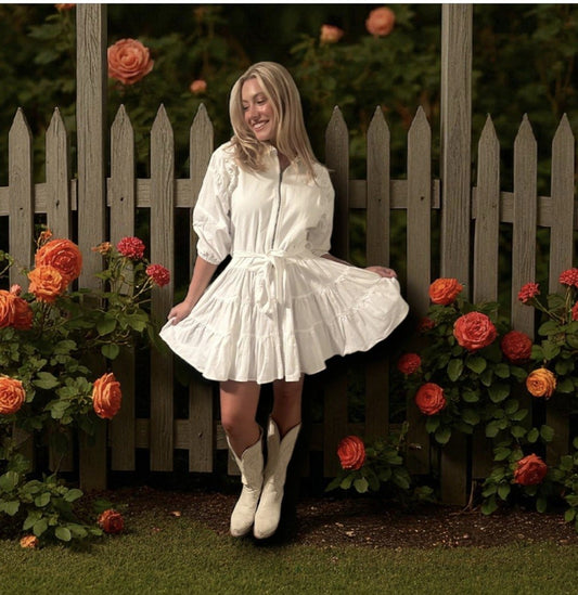 She + Sky Off White Dress with Tie Belt